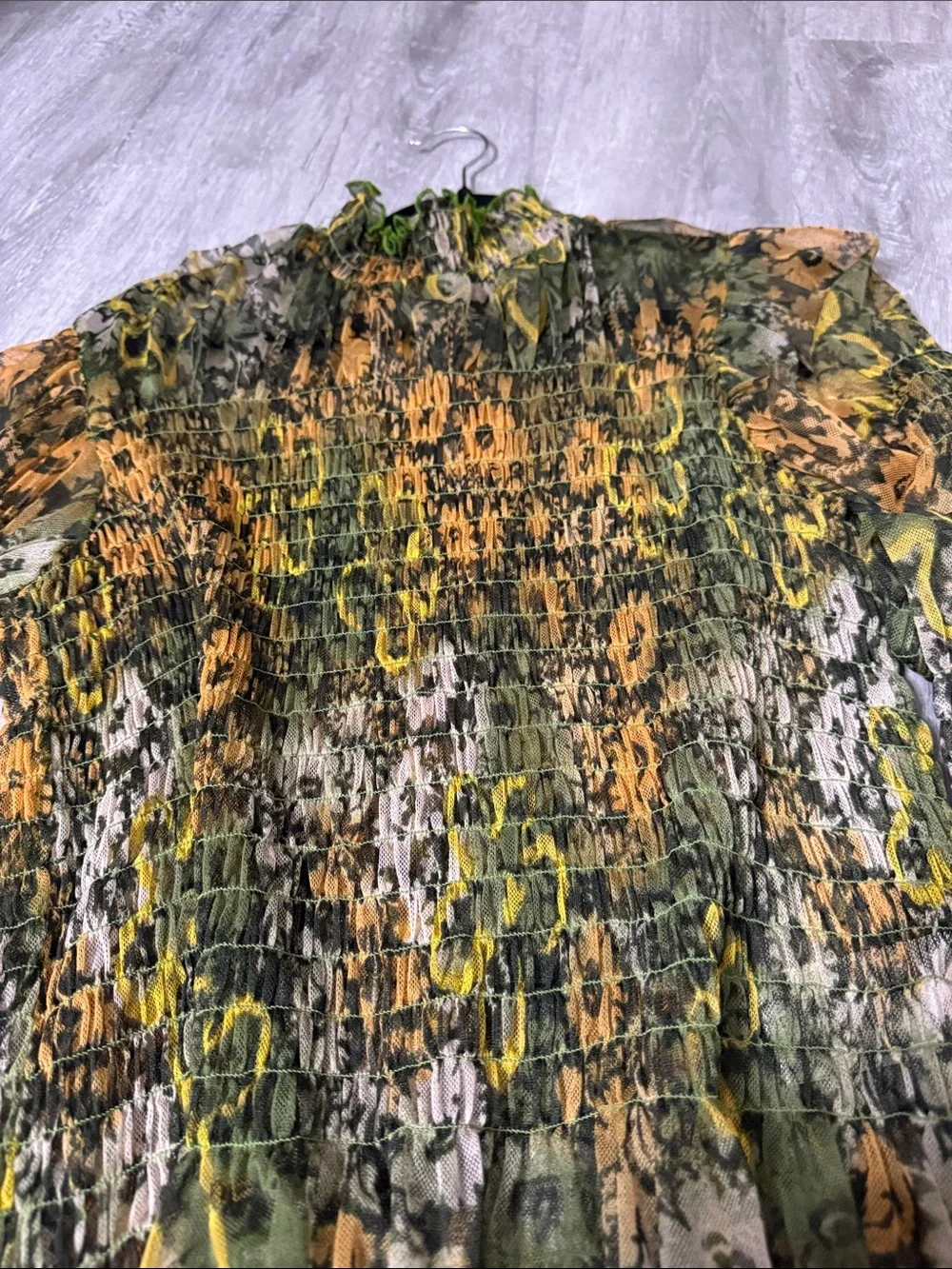Free People Olive & Mustard Sheer Ruffle-Neck Floral Blouse